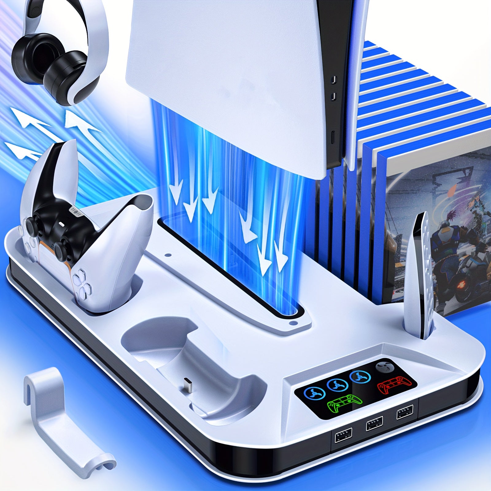 Cooling Base for PS5/PS5 Slim with Handle Charging Function, Suitable for PlayStation 5 Slim and Standard Models of Game Discs/Digitizers, Includes Cooling Fan, 3 USB Hubes, Headphone Hooks, Screws