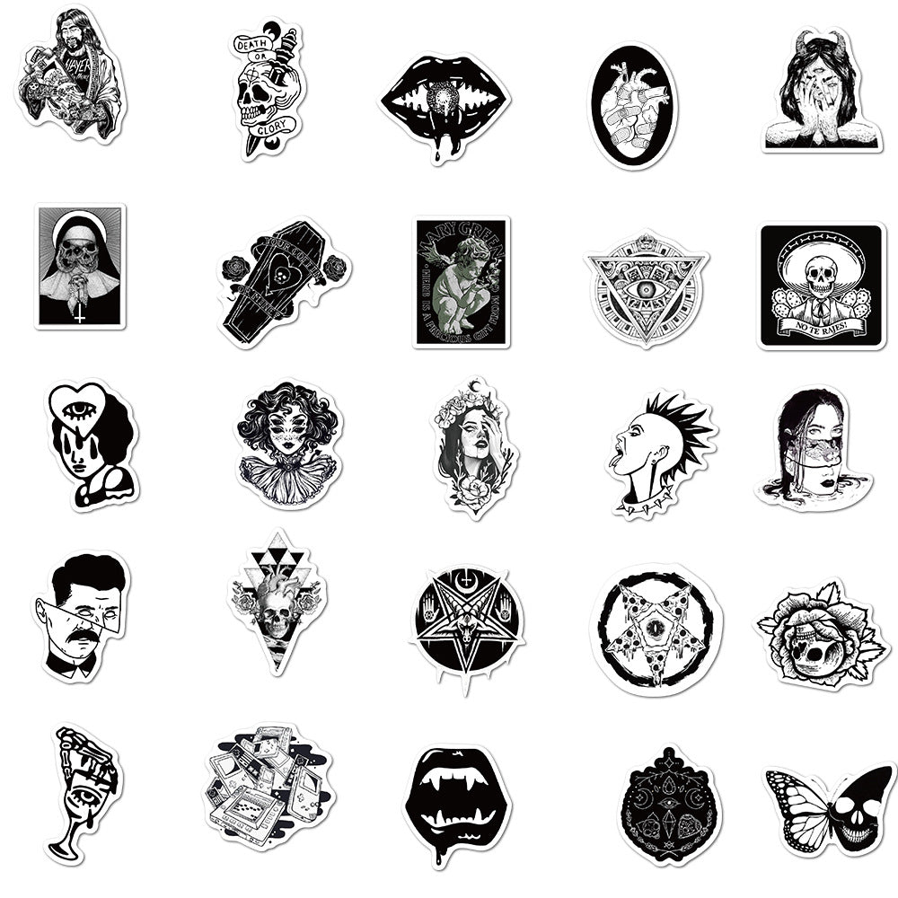 100pcs/Pack Black White Gothic Style Horror Thriller Stickers, DIY Laptop Skateboard Guitar Car Decals