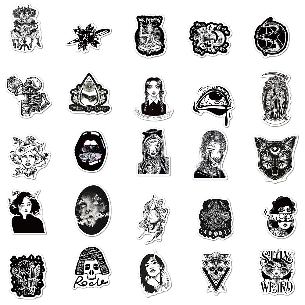 100pcs/Pack Black White Gothic Style Horror Thriller Stickers, DIY Laptop Skateboard Guitar Car Decals