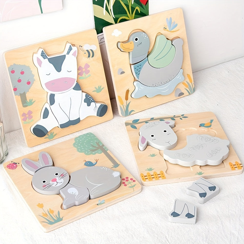 3D Wooden Cartoon Animals Cognitive Puzzles For Kids, Kids With Wooden Toys, Baby Educational Toys Game Christmas, Halloween Gift