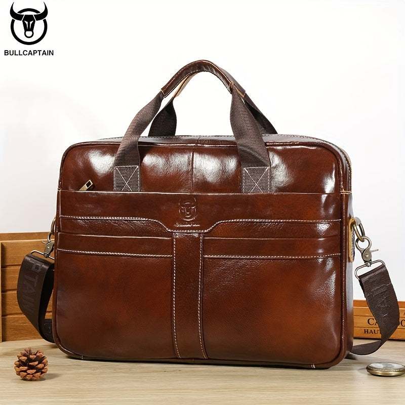 1pc BULLCAPTAIN Genuine Leather Briefcase for Men, Casual Style with Embossed Detail, Removable Adjustable Strap, Laptop & Device Compartments, Lightweight Business Messenger Bag with Zip Closure, Polyester Lined, for Office,