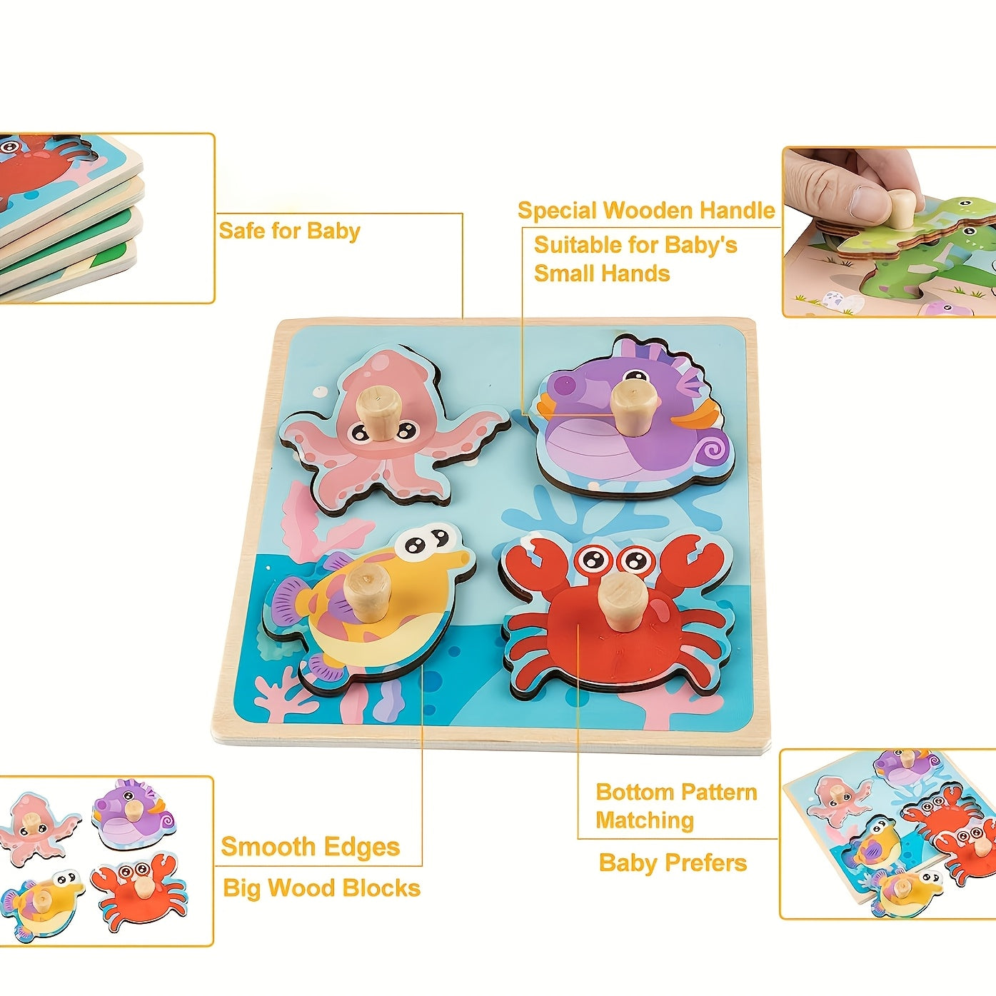 4pcs Wooden Toddler Puzzles, Funsland Peg Puzzles Gifts Toys, Animal Patterns Jigsaw with Handles, Infant Kid Fine Motor Skill Learning Educational Puzzles for 1 2 3 Years Old