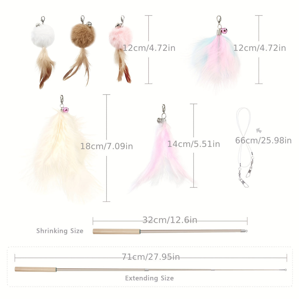 7pcs SONGWAY Cat Interactive Feather Toys Set - Retractable Cat Wand Toy, Cat Feather Toys With Bell, Replaceable Cat Feather Tail Toy - For Indoor Cats - For Kitten & Adult Cats -  Interactive Play & Exercise - Perfect Gift