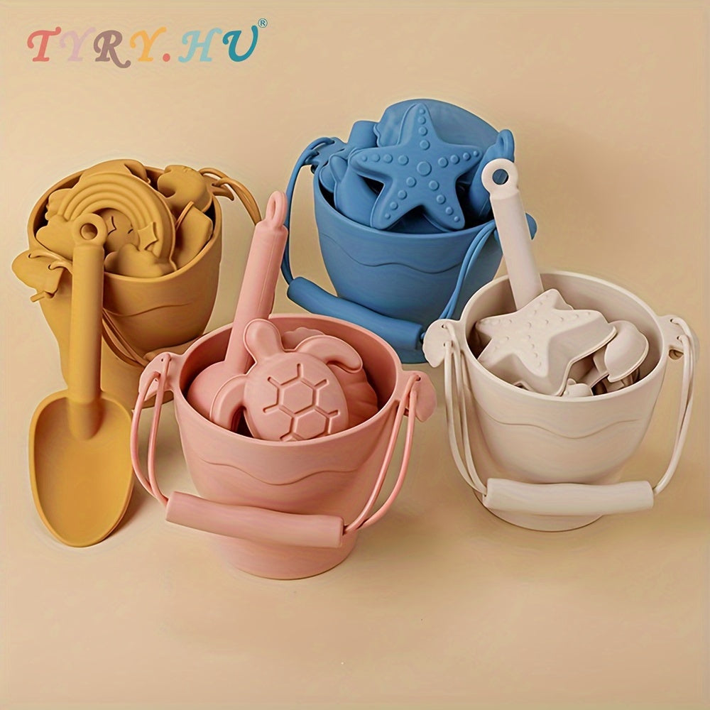 8pcs/set Beach Toy Baby Sand Bucket Set BPA Free Food Grade Silicone Safe Beach Travel Toys For Boys And Girls Summer Outdoor Toys Fun Kids Beach Sand Toy Set With Bucket 4 Colors