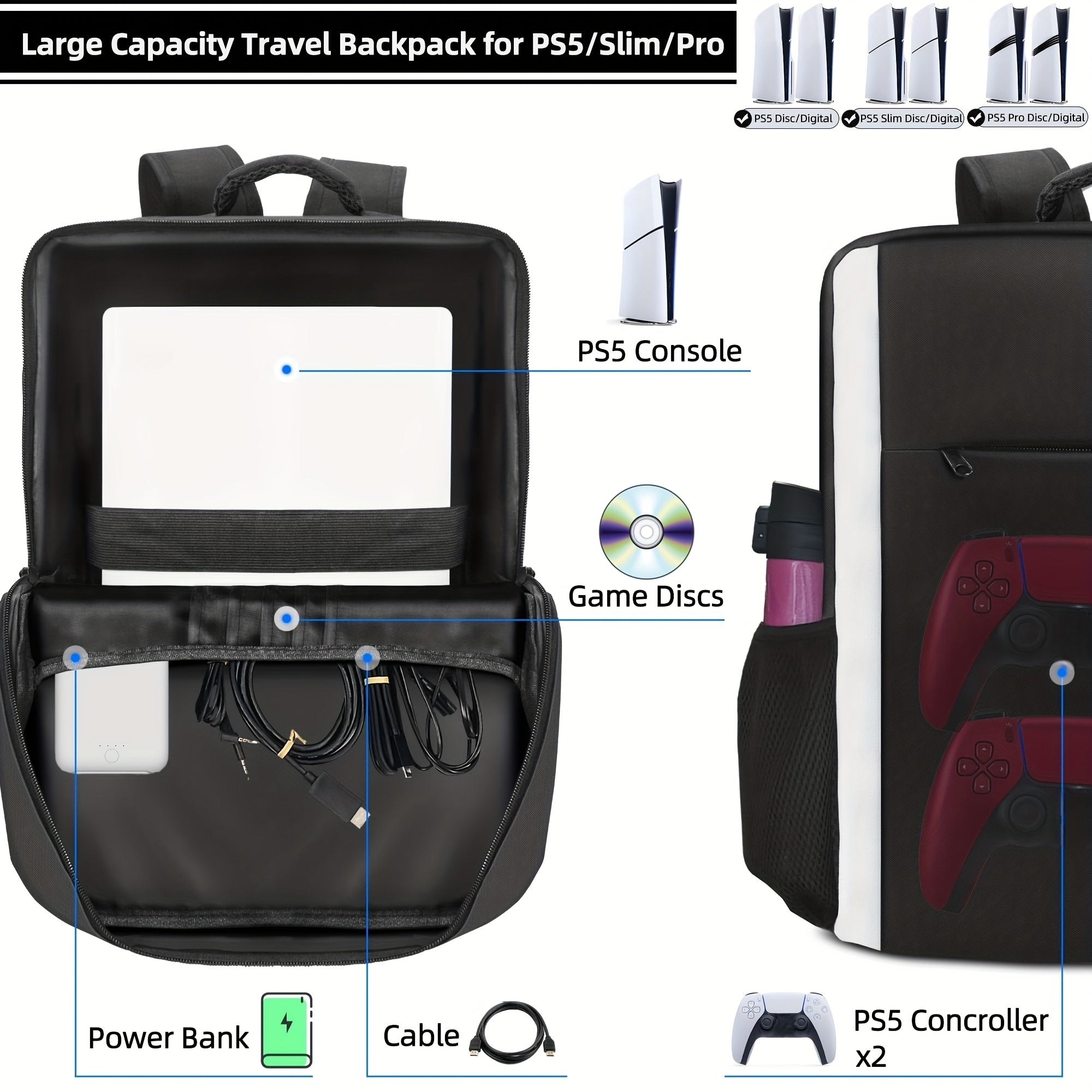 Gaming Backpack for PS5, Protective Travel Carrying Case Bag Compatible with Playstation 5 Console Game Storage Bag with Multiple Pockets for PS5 Disc/Game Cards/Laptop Tech Gifts for Men, Backpack