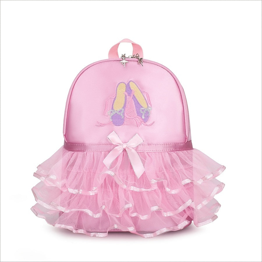 Chic Magenta Ballet Dance Backpack with Embroidered Shoes & Bow Detail - Lightweight, Foldable Nylon School Bag with Adjustable Straps, Zip Closure, and Laptop Compartment