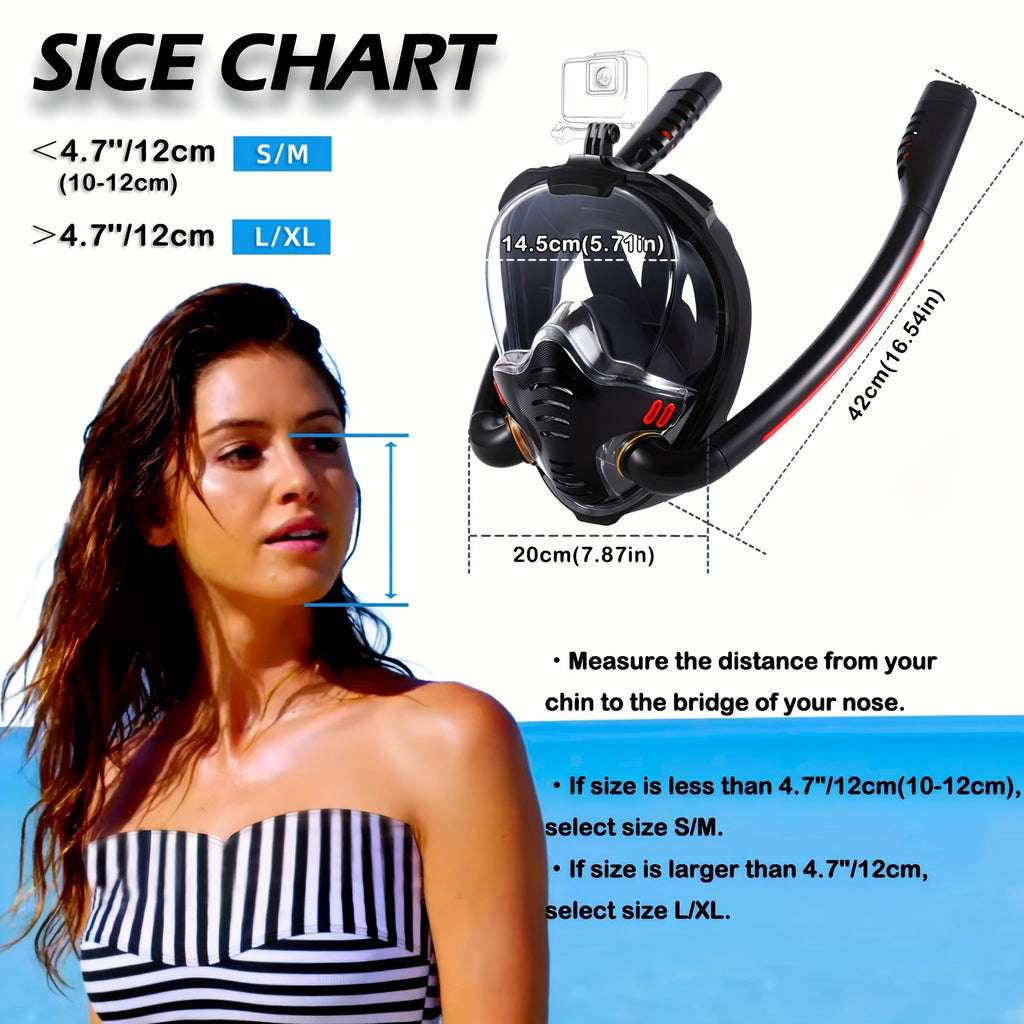 BOKEFA Full Face Snorkel Mask with 180° Panoramic View, Dual Tubes, Camera Mount & Air Pump - Adult Swimming Gear, PC Material, Black (Cameras Not Included), Diving Gear