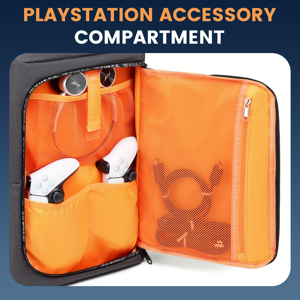 PlayStation 5 Compatible Travel Backpack, Large Capacity Gaming Console Carrying Case for Sony PS5, Durable Polyester Storage Bag with Pockets for Headset, Game Discs, Controllers, Monitor, Charger & Accessories - Ideal Gift