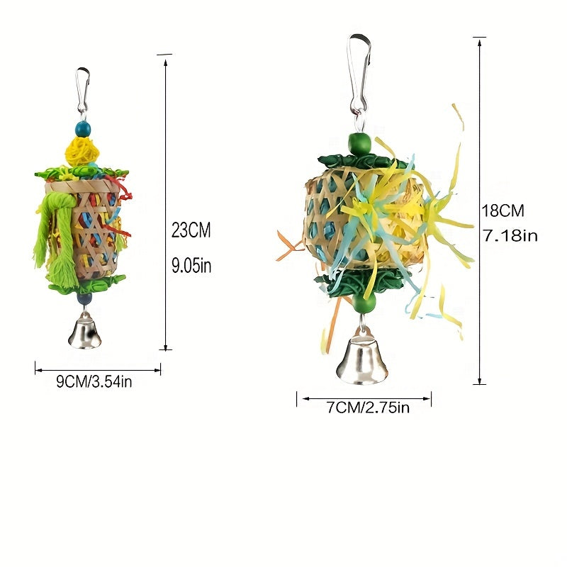 3pcs Vibrant Parrot Chew Toys with Natural Woven Perch - Colorful Hanging Cage Accessories for Macaws, African Greys & Large Birds - Includes Bell-Adorned Star & Cylindrical Toys, Random Colors, Bird Toys