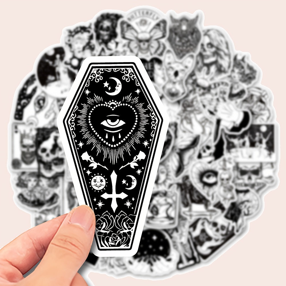 50pcs Gothic Stickers, Black And White Stickers For Motorcycle, Laptop, Water Bottle, Waterproof Stickers, Mobile Phones, Computers, Suitcases, Car Cartoon Accessories, Halloween Gift Stickers