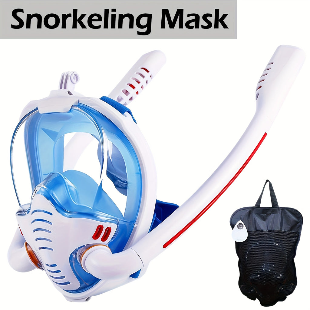 BOKEFA Full Face Snorkel Mask with 180° Panoramic View, Dual Tubes, Camera Mount & Air Pump - Adult Swimming Gear, PC Material, Black (Cameras Not Included), Diving Gear