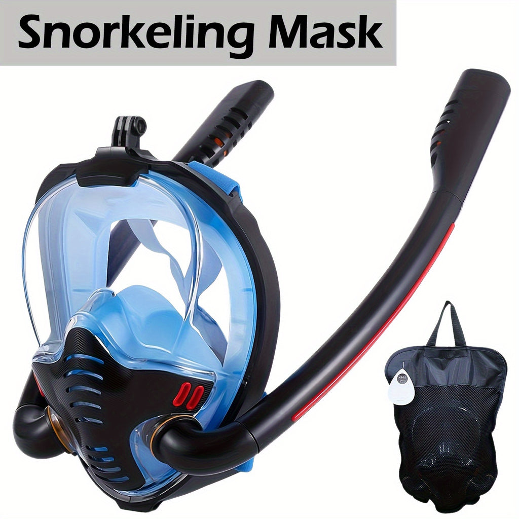 BOKEFA Full Face Snorkel Mask with 180° Panoramic View, Dual Tubes, Camera Mount & Air Pump - Adult Swimming Gear, PC Material, Black (Cameras Not Included), Diving Gear