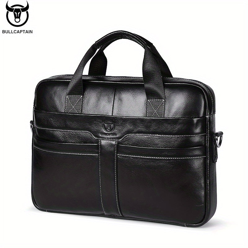 1pc BULLCAPTAIN Genuine Leather Briefcase for Men, Casual Style with Embossed Detail, Removable Adjustable Strap, Laptop & Device Compartments, Lightweight Business Messenger Bag with Zip Closure, Polyester Lined, for Office,