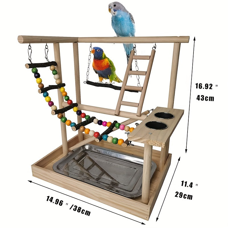 Deluxe Wooden Parrot Playstand with Climbing Ladder, Swing & Chew Toys - Includes Feeding Cups - Ideal for Small to Medium Birds like Parakeets, Conures & Lovebirds - Sturdy, Safe & Durable Exercise Center, Bird Toys