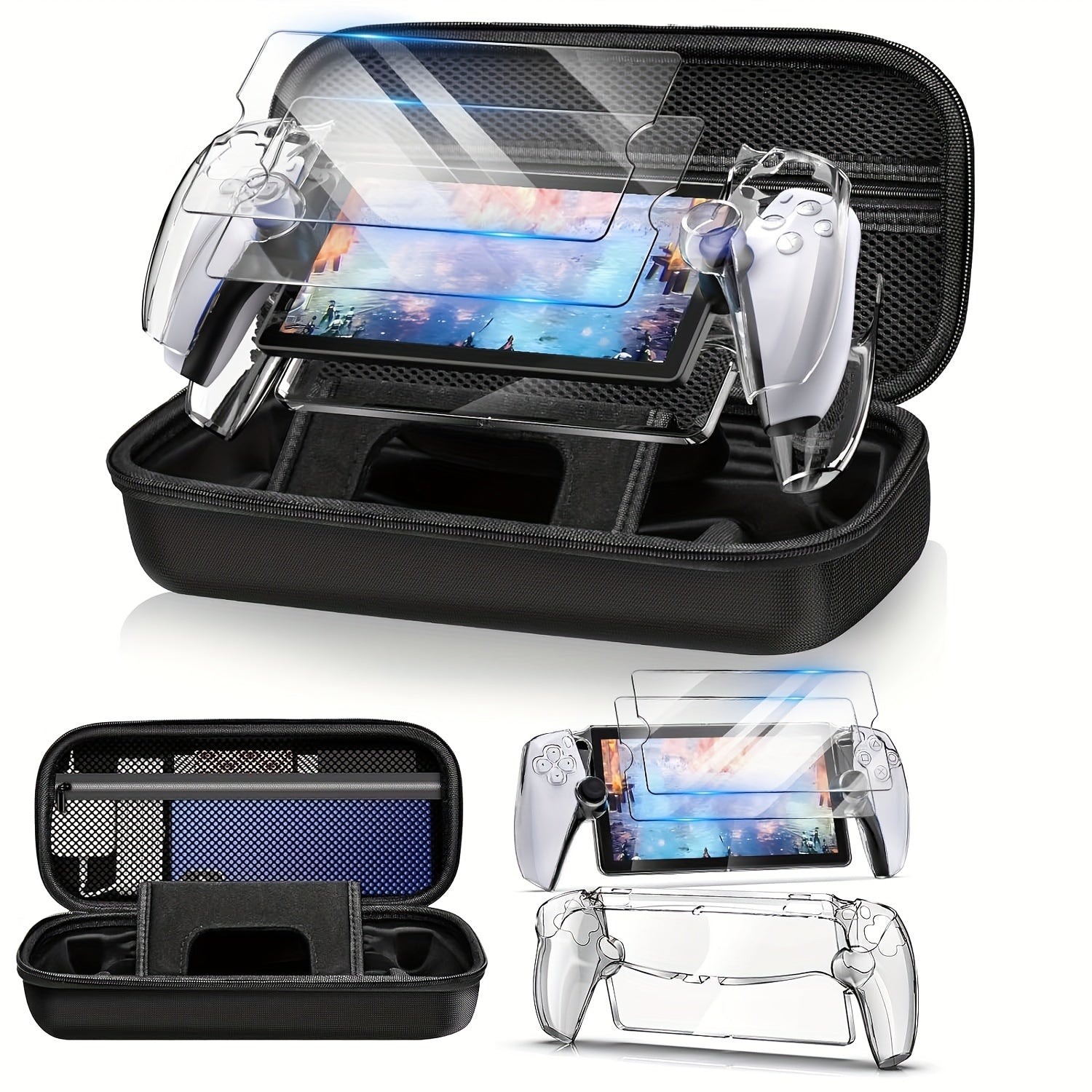 PS5 Portal Handheld Storage Case - Durable EVA Hard Shell Travel Set with Snug-Fit Clear Protective Cover, 2 HD Screen Protectors, and Accessory Compartments - Portable & Organizational Design for PlayStation Portal Remote Pl