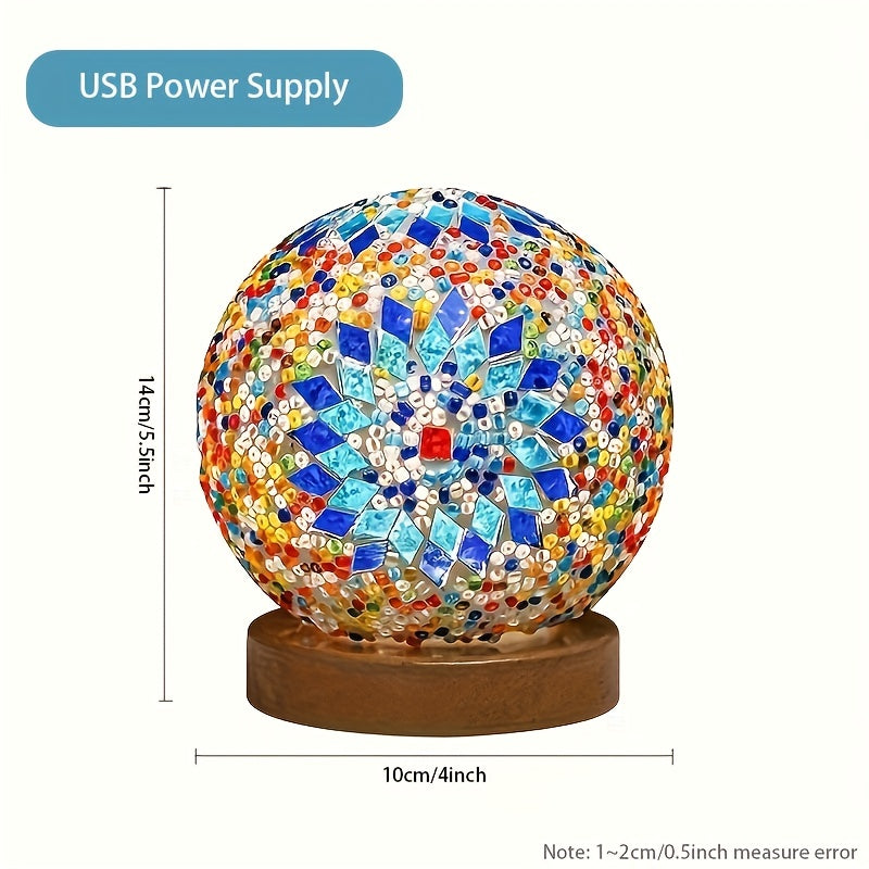 Bohemian Glass Table Lamp, Mosaic Glass Shade & USB Egyptian-Inspired Night Light, Decorative Glass Bulb Lamp, for Bedside Desk or Gift, 1 pc in Gift Box (No Plug-In Required)