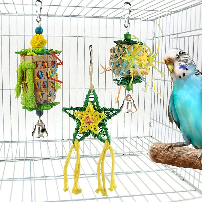 3pcs Vibrant Parrot Chew Toys with Natural Woven Perch - Colorful Hanging Cage Accessories for Macaws, African Greys & Large Birds - Includes Bell-Adorned Star & Cylindrical Toys, Random Colors, Bird Toys