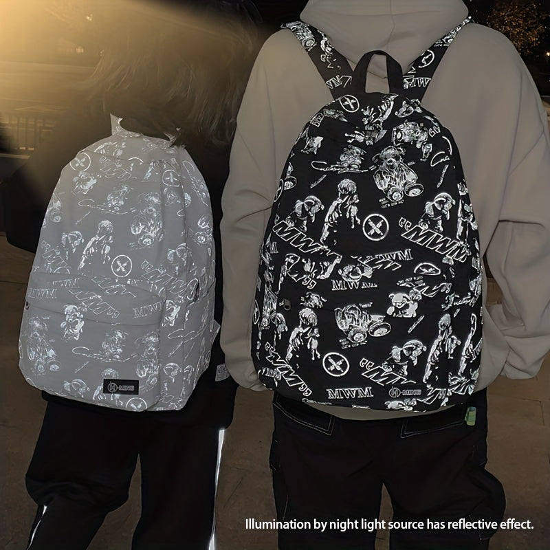 Reflective Graffiti-Style Large Capacity Backpack - Durable Nylon, Casual College & High School Bag with Laptop Compartment, Hand-Washable, Black with White & Gray Graphics, Backpack for School