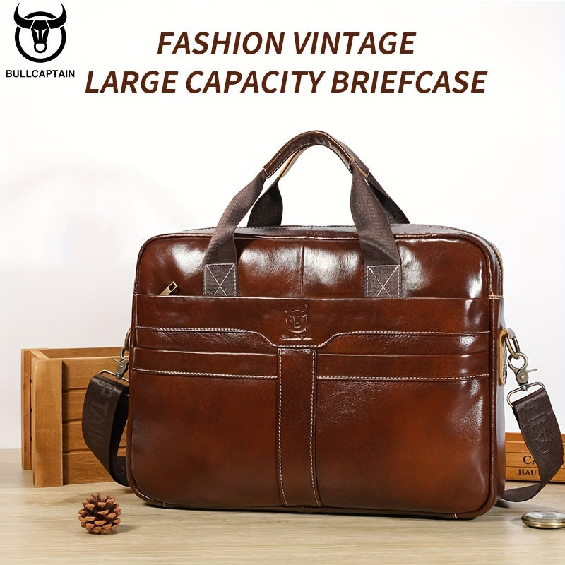 1pc BULLCAPTAIN Genuine Leather Briefcase for Men, Casual Style with Embossed Detail, Removable Adjustable Strap, Laptop & Device Compartments, Lightweight Business Messenger Bag with Zip Closure, Polyester Lined, for Office,