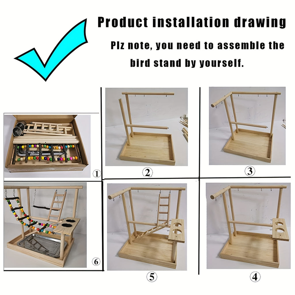 Deluxe Wooden Parrot Playstand with Climbing Ladder, Swing & Chew Toys - Includes Feeding Cups - Ideal for Small to Medium Birds like Parakeets, Conures & Lovebirds - Sturdy, Safe & Durable Exercise Center, Bird Toys