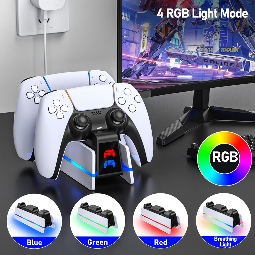 Charger Station For PS5 Dualsense Controller/DualSense Edge Controller, RGB Charging Stand For Playstation 5/ PS5 Slim/ PS5 Pro Controller, Fast Dual Charging For Wireless Controller, Christmas Gift