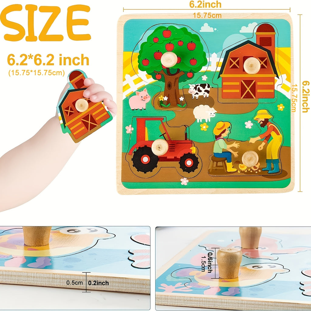 4pcs Wooden Toddler Puzzles, Funsland Peg Puzzles Gifts Toys, Animal Patterns Jigsaw with Handles, Infant Kid Fine Motor Skill Learning Educational Puzzles for 1 2 3 Years Old