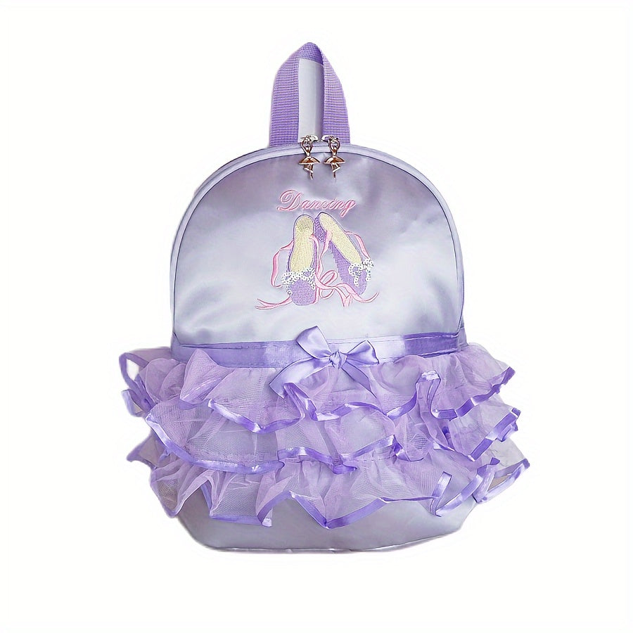 Chic Magenta Ballet Dance Backpack with Embroidered Shoes & Bow Detail - Lightweight, Foldable Nylon School Bag with Adjustable Straps, Zip Closure, and Laptop Compartment