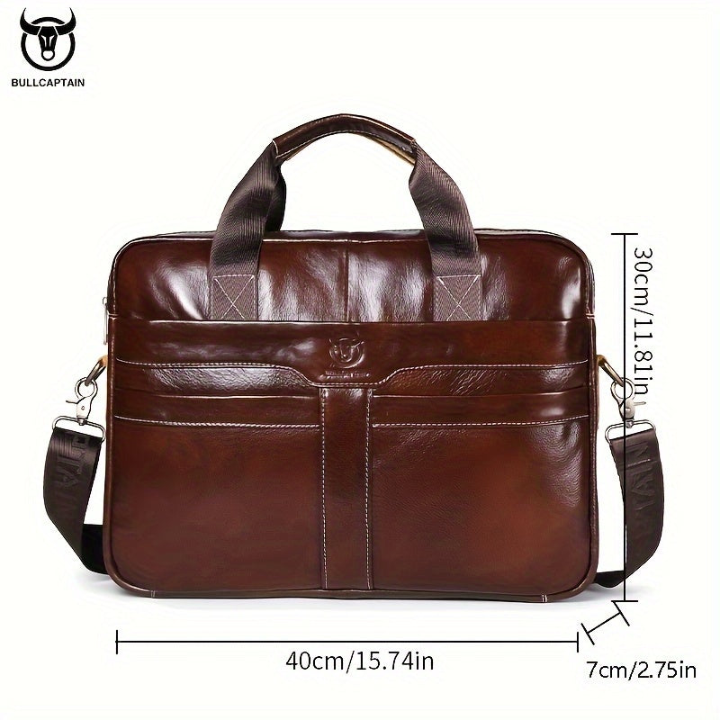 1pc BULLCAPTAIN Genuine Leather Briefcase for Men, Casual Style with Embossed Detail, Removable Adjustable Strap, Laptop & Device Compartments, Lightweight Business Messenger Bag with Zip Closure, Polyester Lined, for Office,
