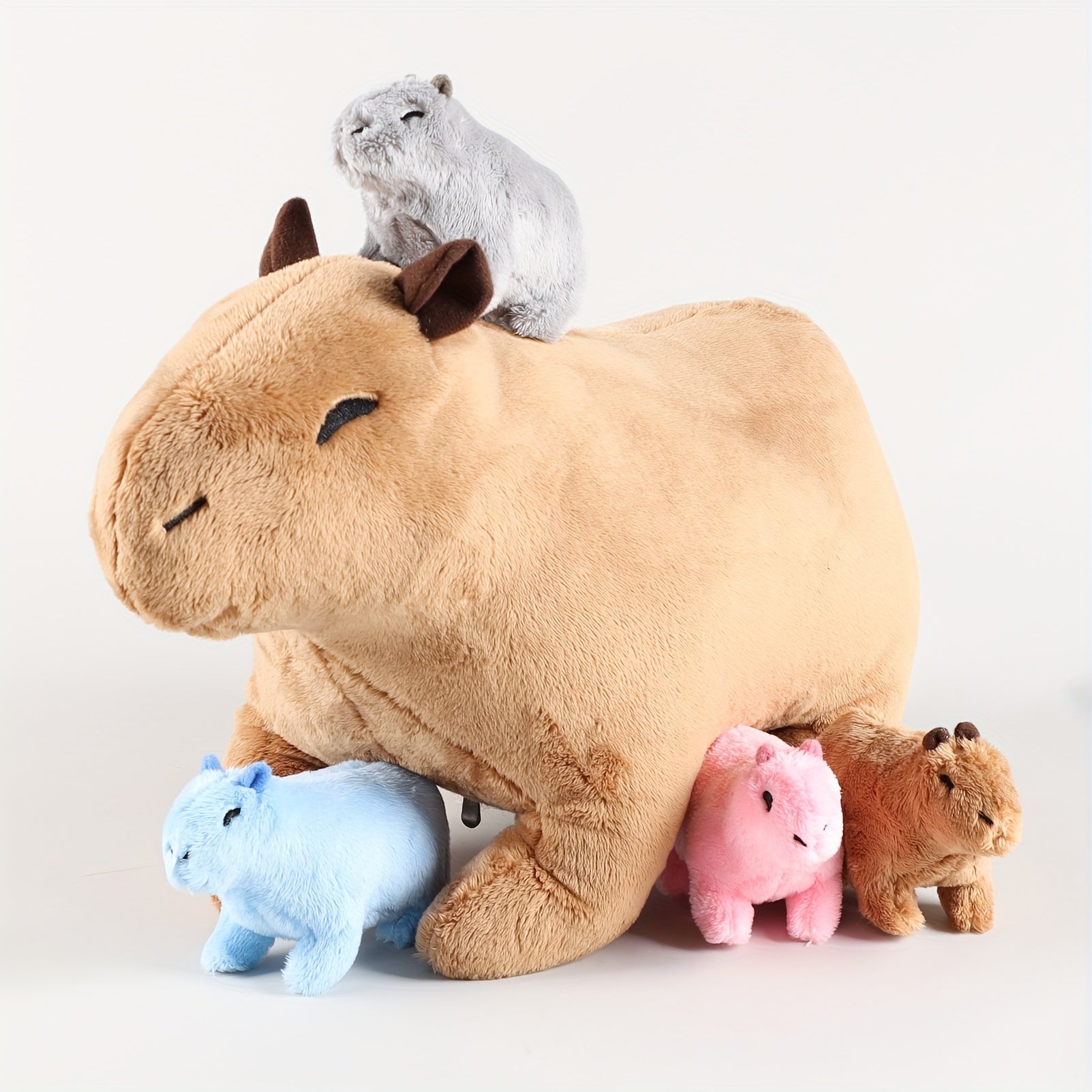Kawaii Simulation Capybara Stuffed Animal-13.38'' Mommy Stuffed Capybara with 4 Mini Capybara Stuffed Animals Inside Zipper Tummy, Stuffed Simulation Capybara Toys for Kid Christmas