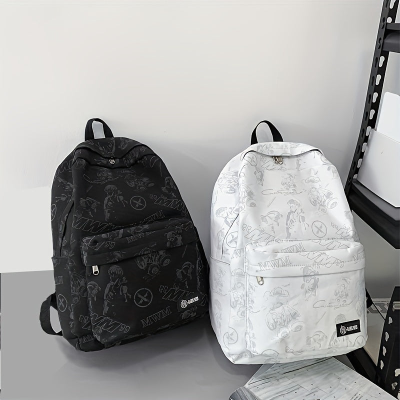 Reflective Graffiti-Style Large Capacity Backpack - Durable Nylon, Casual College & High School Bag with Laptop Compartment, Hand-Washable, Black with White & Gray Graphics, Backpack for School