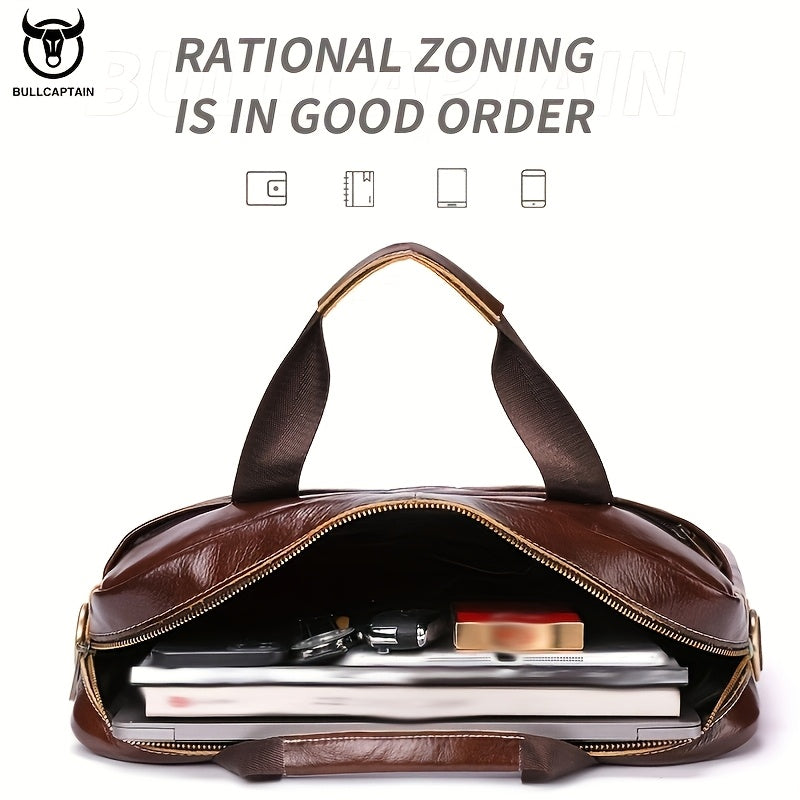 1pc BULLCAPTAIN Genuine Leather Briefcase for Men, Casual Style with Embossed Detail, Removable Adjustable Strap, Laptop & Device Compartments, Lightweight Business Messenger Bag with Zip Closure, Polyester Lined, for Office,