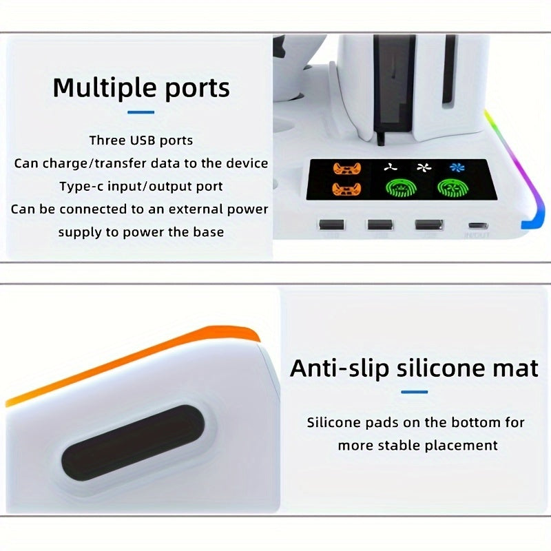 PS5/PS5 Slim Cooling Stand with RGB LED Controller Charger - 3-Level Fan System, Secure Console & Accessory Holder for PlayStation 5 Digital & Disc Editions