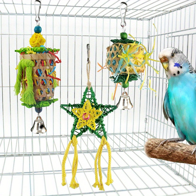 3pcs Vibrant Parrot Chew Toys with Natural Woven Perch - Colorful Hanging Cage Accessories for Macaws, African Greys & Large Birds - Includes Bell-Adorned Star & Cylindrical Toys, Random Colors, Bird Toys