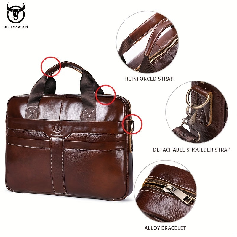 1pc BULLCAPTAIN Genuine Leather Briefcase for Men, Casual Style with Embossed Detail, Removable Adjustable Strap, Laptop & Device Compartments, Lightweight Business Messenger Bag with Zip Closure, Polyester Lined, for Office,