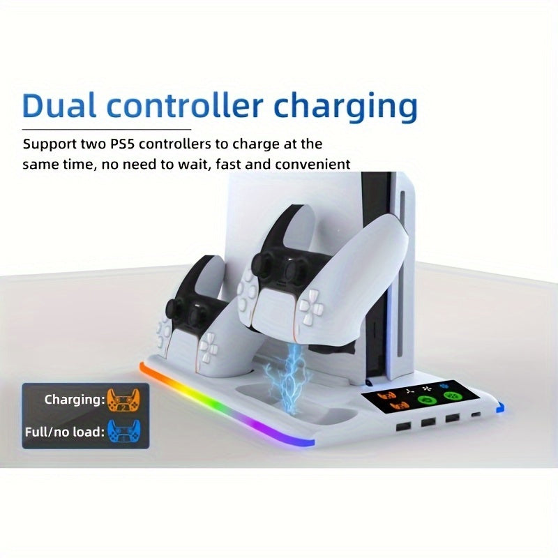PS5/PS5 Slim Cooling Stand with RGB LED Controller Charger - 3-Level Fan System, Secure Console & Accessory Holder for PlayStation 5 Digital & Disc Editions