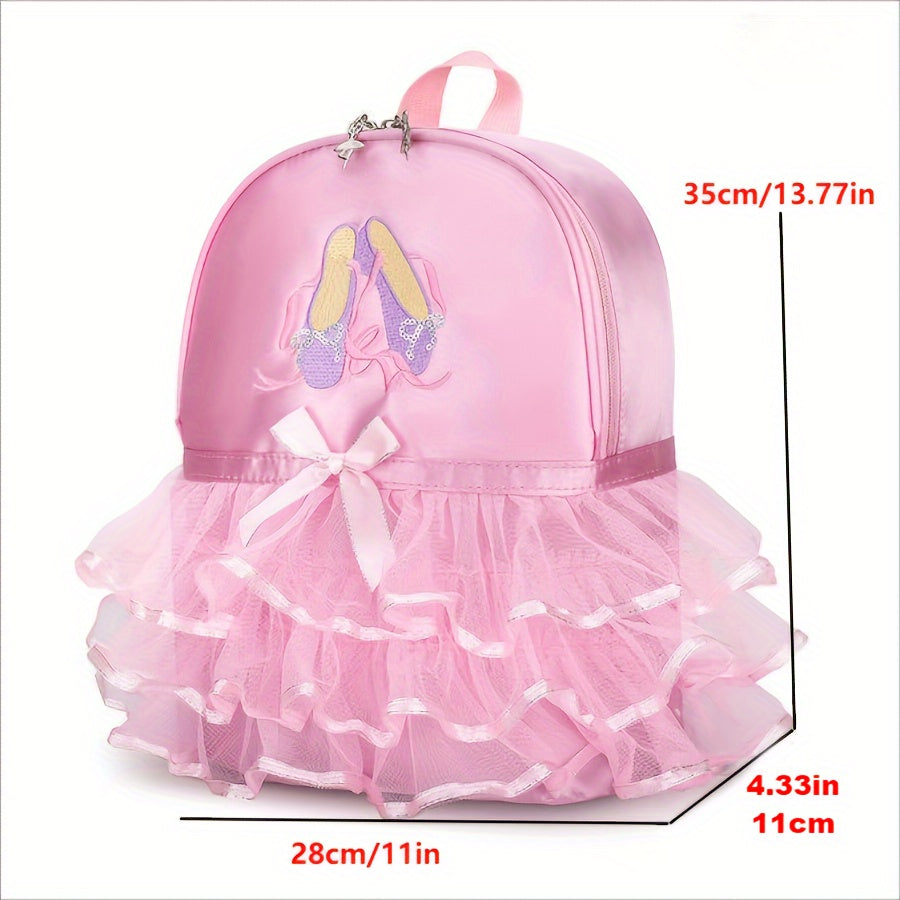 Chic Magenta Ballet Dance Backpack with Embroidered Shoes & Bow Detail - Lightweight, Foldable Nylon School Bag with Adjustable Straps, Zip Closure, and Laptop Compartment