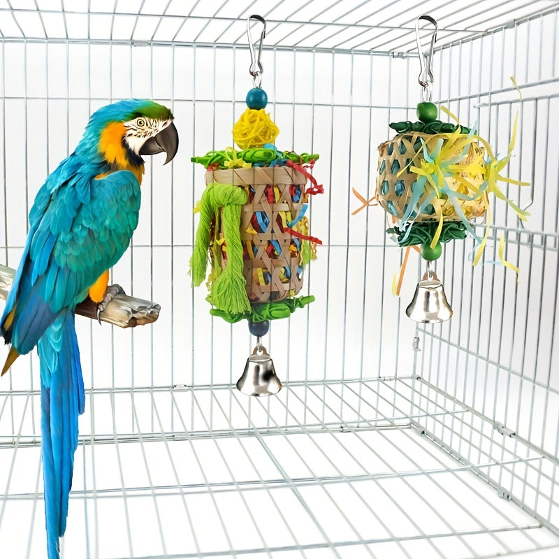 3pcs Vibrant Parrot Chew Toys with Natural Woven Perch - Colorful Hanging Cage Accessories for Macaws, African Greys & Large Birds - Includes Bell-Adorned Star & Cylindrical Toys, Random Colors, Bird Toys