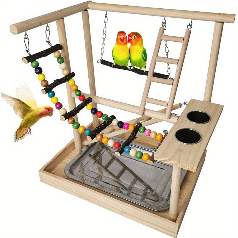 Deluxe Wooden Parrot Playstand with Climbing Ladder, Swing & Chew Toys - Includes Feeding Cups - Ideal for Small to Medium Birds like Parakeets, Conures & Lovebirds - Sturdy, Safe & Durable Exercise Center, Bird Toys