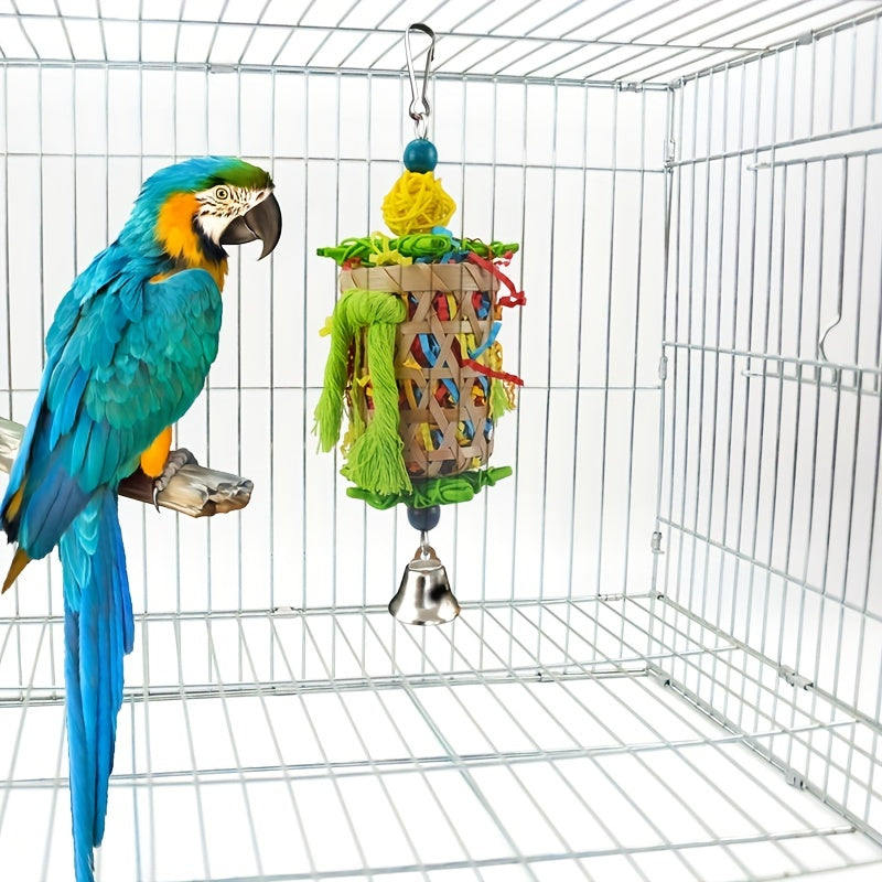 3pcs Vibrant Parrot Chew Toys with Natural Woven Perch - Colorful Hanging Cage Accessories for Macaws, African Greys & Large Birds - Includes Bell-Adorned Star & Cylindrical Toys, Random Colors, Bird Toys