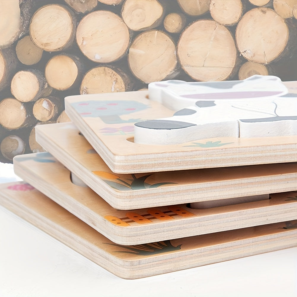 3D Wooden Cartoon Animals Cognitive Puzzles For Kids, Kids With Wooden Toys, Baby Educational Toys Game Christmas, Halloween Gift