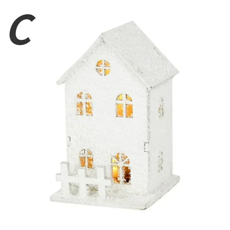 Christmas White Snowflake LED Light Wooden House Xmas Ornament Luminous Cabin Christmas Home Party Decoration