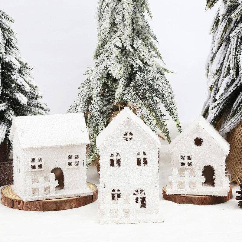 Christmas White Snowflake LED Light Wooden House Xmas Ornament Luminous Cabin Christmas Home Party Decoration