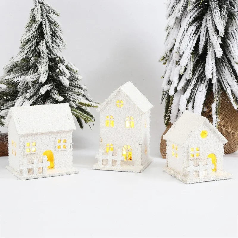 Christmas White Snowflake LED Light Wooden House Xmas Ornament Luminous Cabin Christmas Home Party Decoration