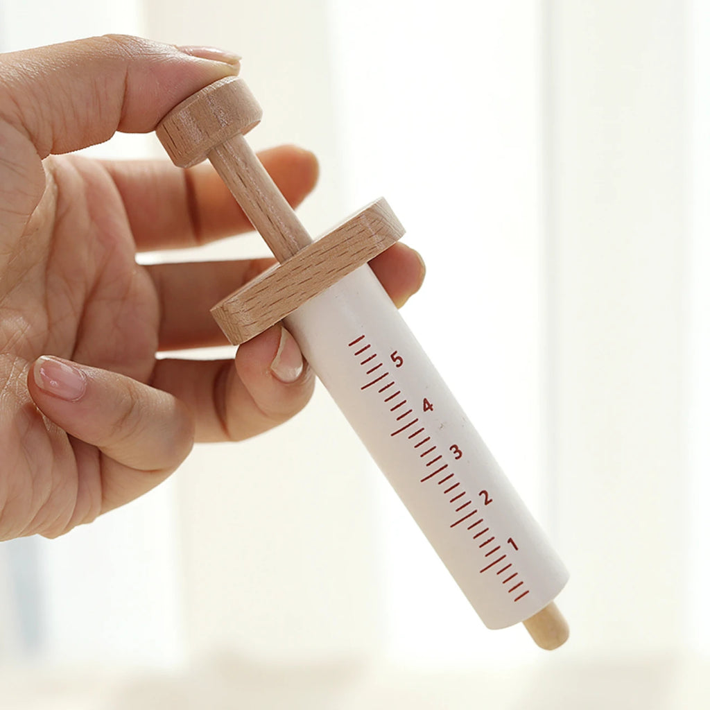 Children playing house simulation, doctors, nurses, stethoscopes, medical kits, syringes, toy sets, wooden boys and girls