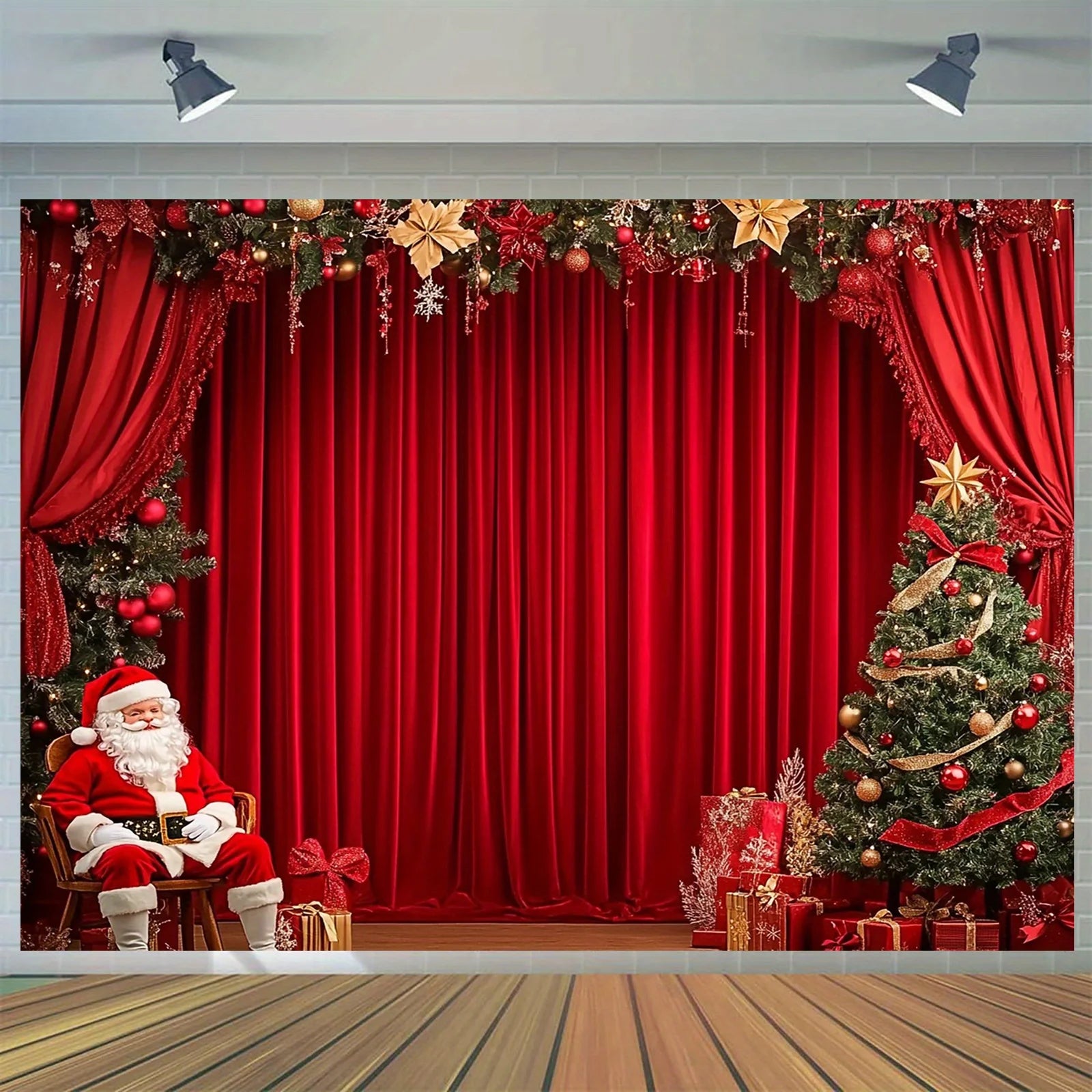 Christmas decorations for the party, Santa Claus and the Christmas tree on the red curtains. Birthdays and weddings