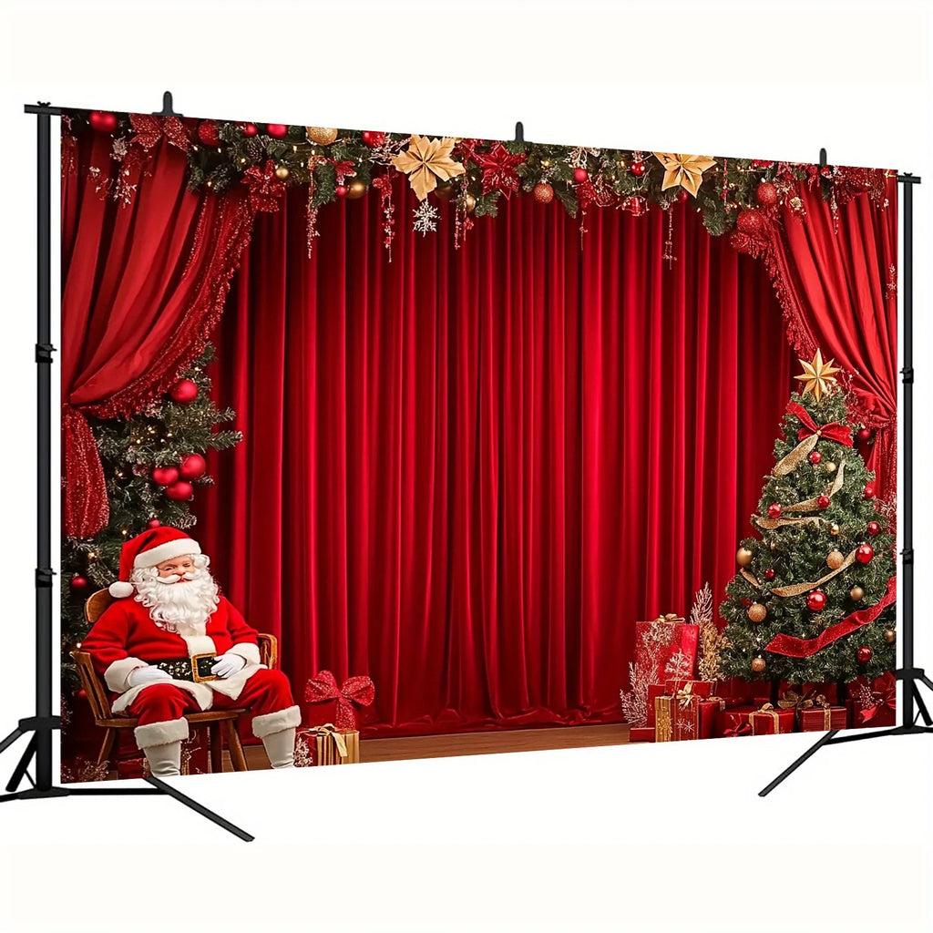 Christmas decorations for the party, Santa Claus and the Christmas tree on the red curtains. Birthdays and weddings