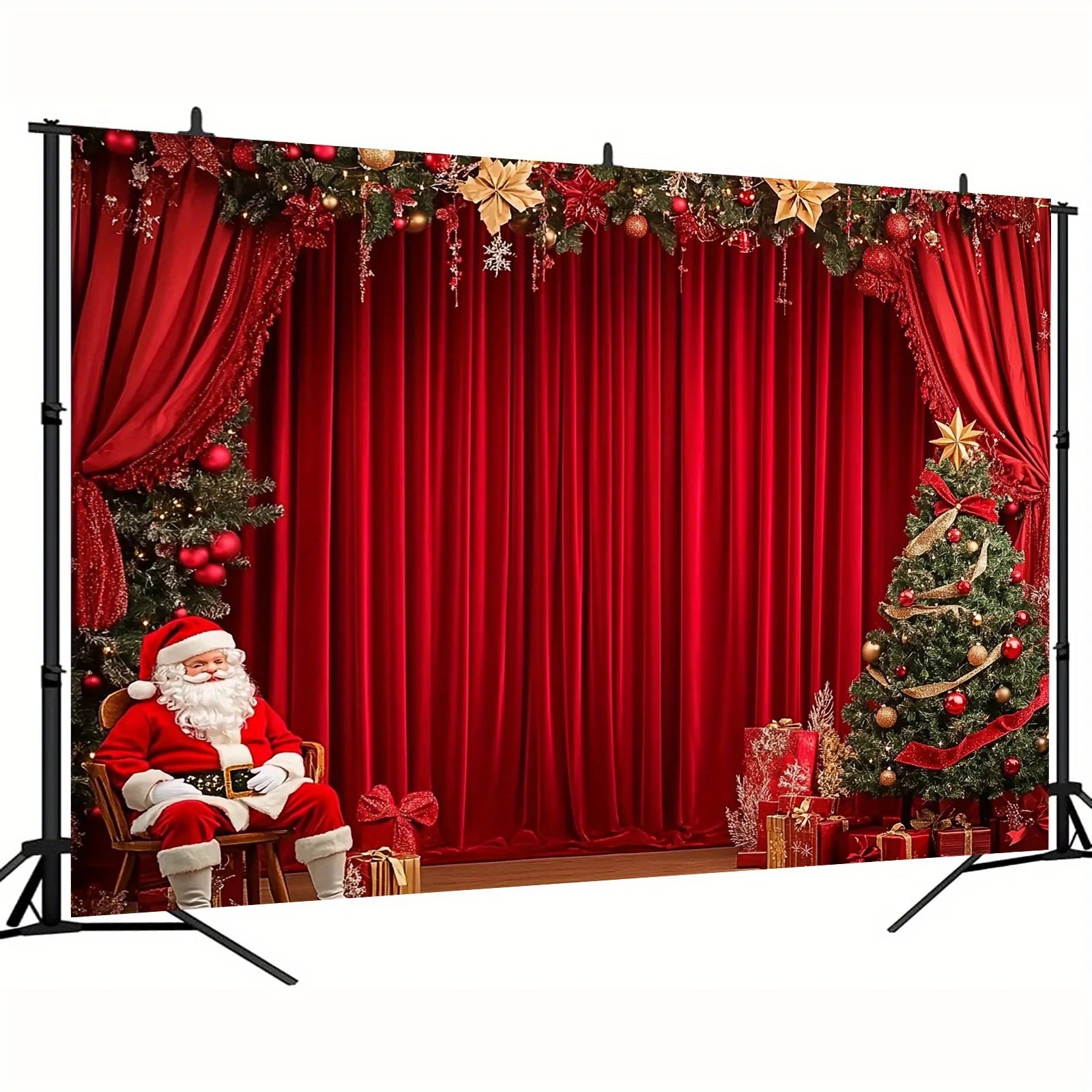 Christmas decorations for the party, Santa Claus and the Christmas tree on the red curtains. Birthdays and weddings