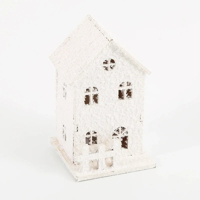 Christmas White Snowflake LED Light Wooden House Xmas Ornament Luminous Cabin Christmas Home Party Decoration