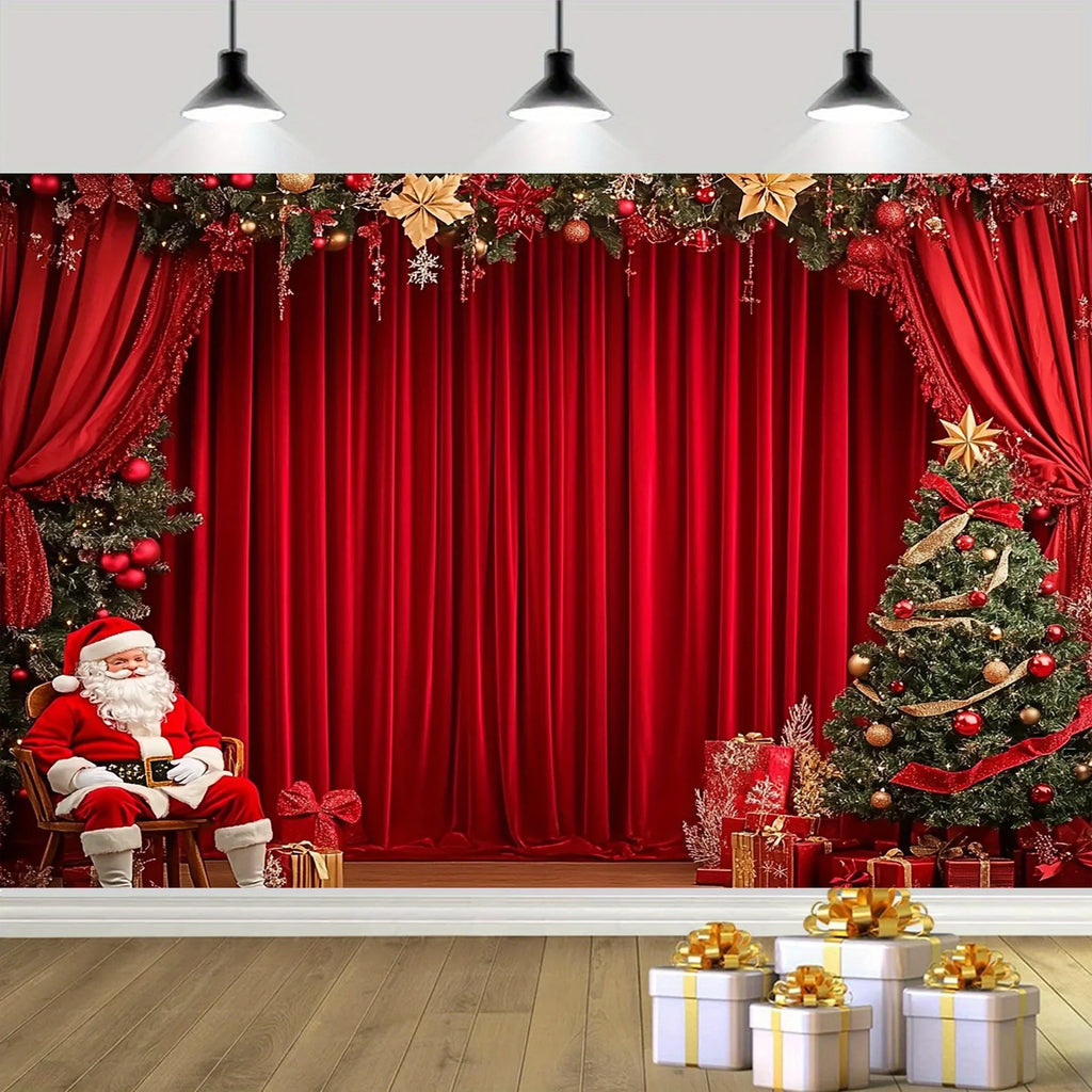 Christmas decorations for the party, Santa Claus and the Christmas tree on the red curtains. Birthdays and weddings