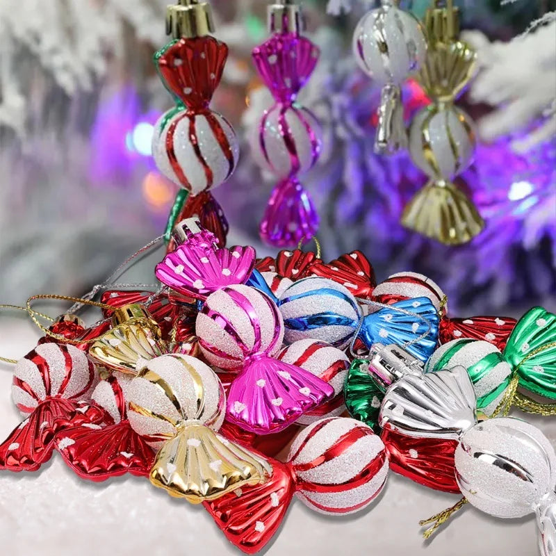 Christmas tree decorations, snowmen, faceless Santa Claus, candy sticks, colorful balls, small houses, Christmas atmosphere deco